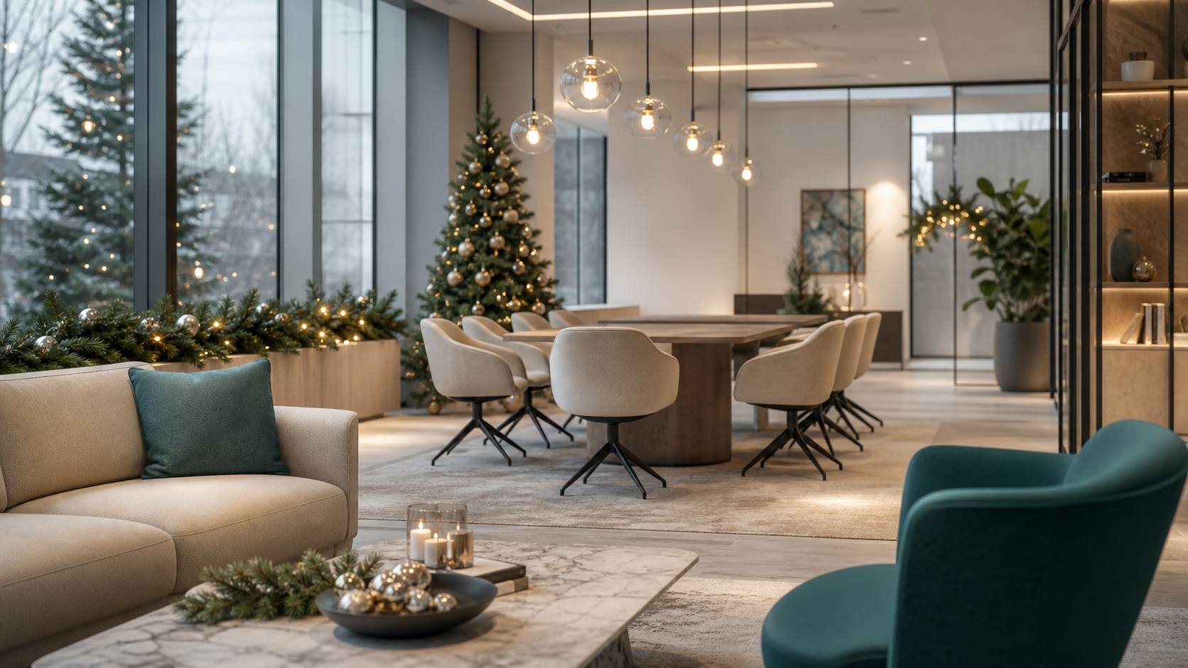 Warm, elegant office lounge decorated with subtle winter holiday lights and greenery